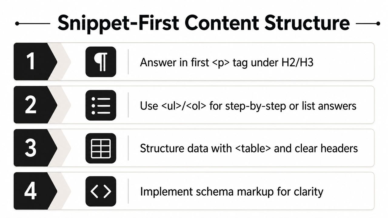 An infographic showing four steps for snippet-first content structure for improved search engine optimization results.